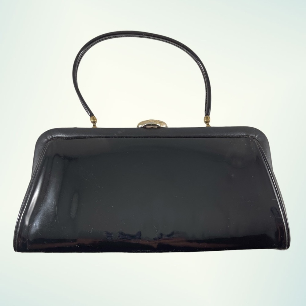 VINTAGE! Small Black Patent Clutch with Gold Clasp - Picture 2 of 3